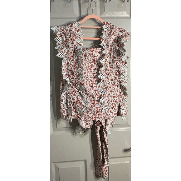 Anthropologie Trina Bow Blouse Light Blue and Red Floral Motif NWT Sz XL - Picture 7 of 11